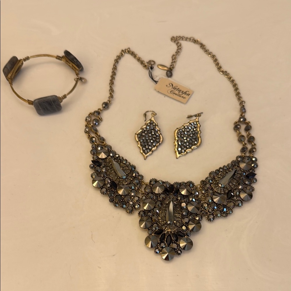 Natasha Couture Gold and Black Statement Necklace Set